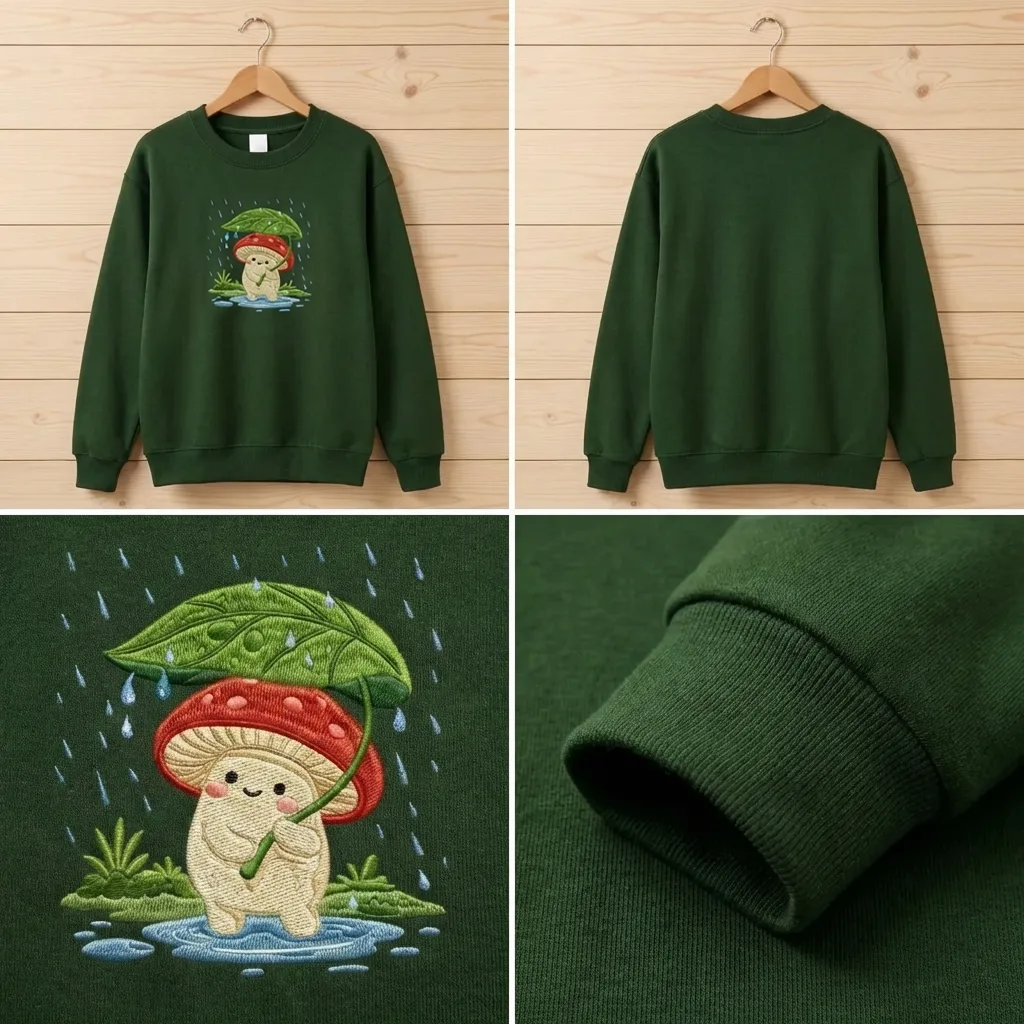Embroidered Mushroom Leaf Umbrella Sweatshirt, Cute Fungi Shirt