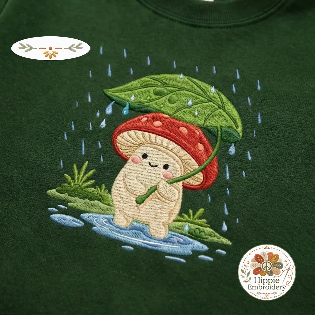 Embroidered Mushroom Leaf Umbrella Sweatshirt, Cute Fungi Shirt