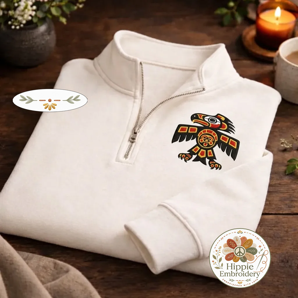 Embroidered Native Eagle Totem Quarter Zip, Indigenous Art Shirt