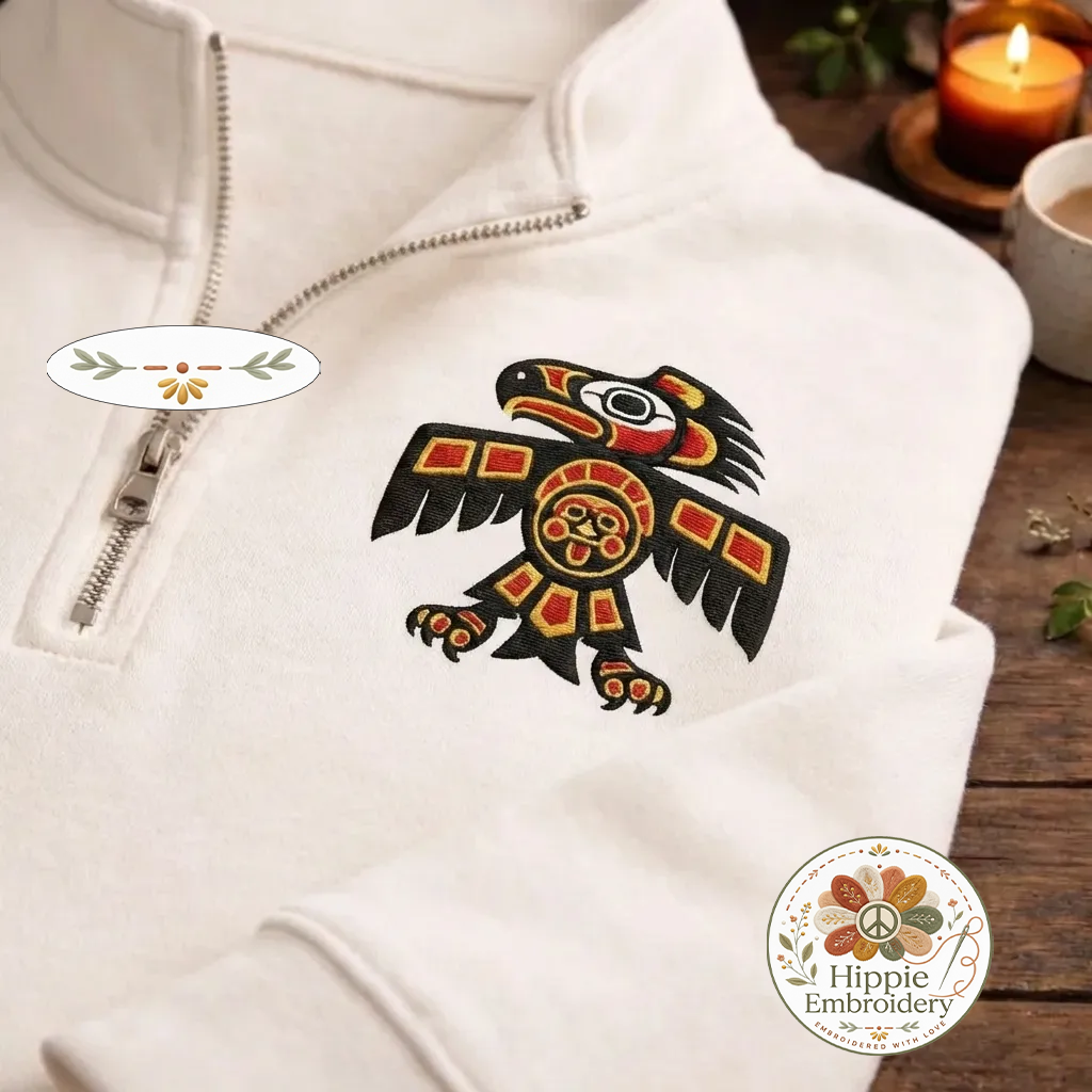 Embroidered Native Eagle Totem Quarter Zip, Indigenous Art Shirt