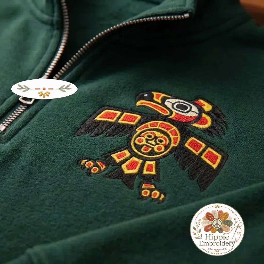 Embroidered Native Eagle Totem Quarter Zip, Indigenous Art Shirt