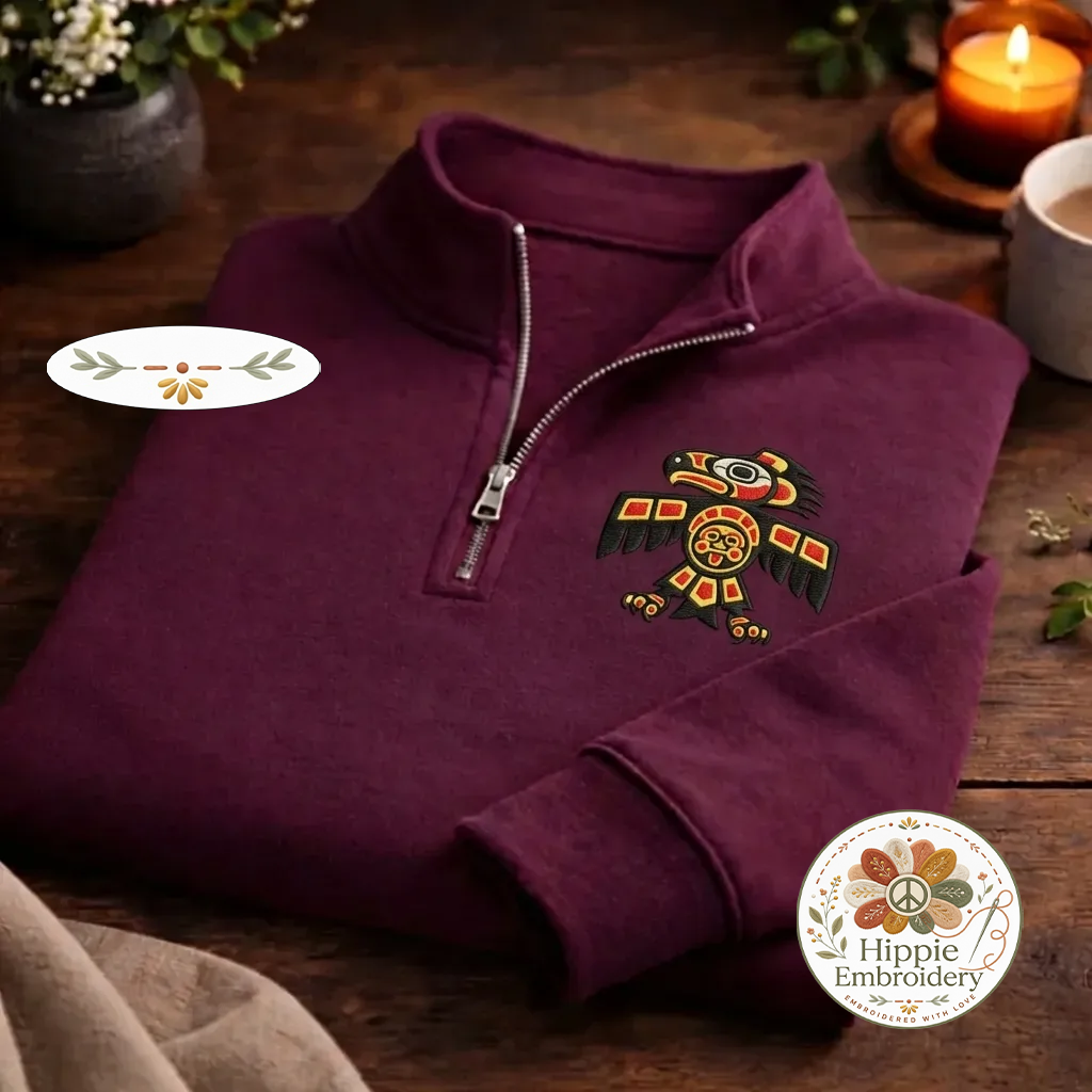 Embroidered Native Eagle Totem Quarter Zip, Indigenous Art Shirt