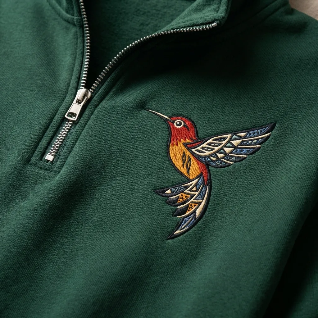 Embroidered Navajo Hummingbird Quarter Zip Sweatshirt, Indigenous