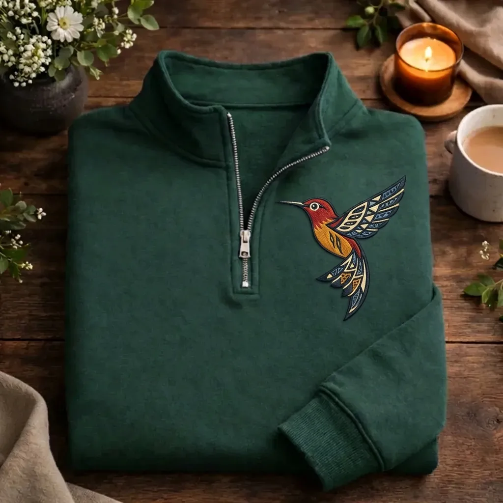 Embroidered Navajo Hummingbird Quarter Zip Sweatshirt, Sacred Top