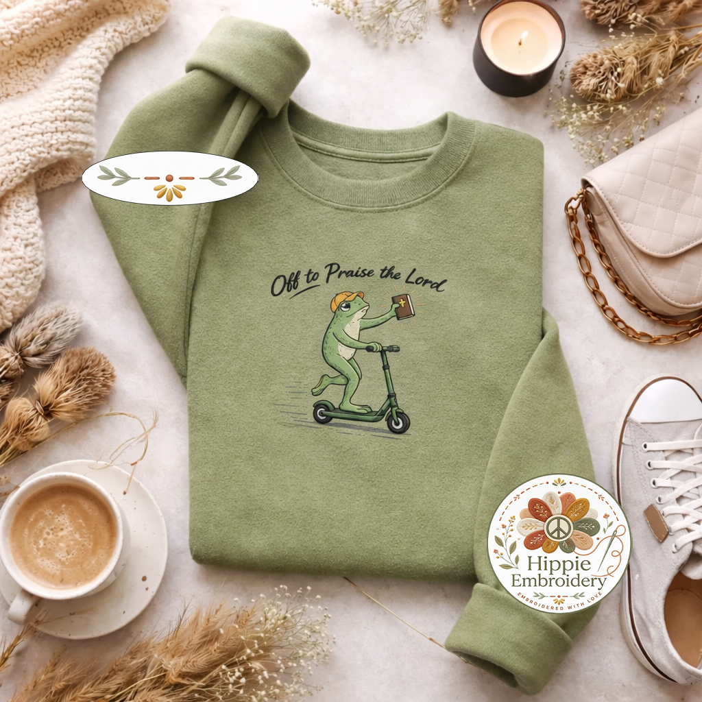 Embroidered Off To Praise The Lord Sweatshirt, Frog Top