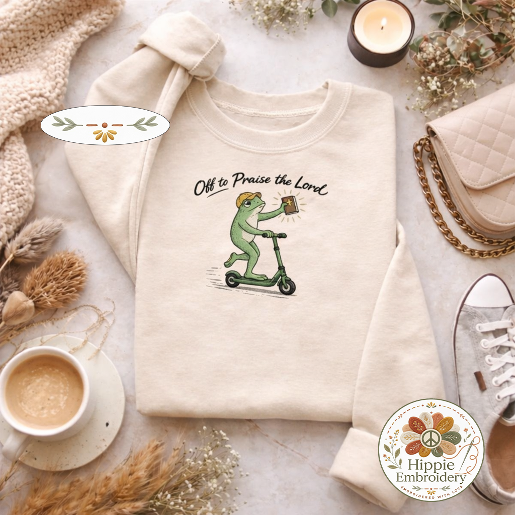 Embroidered Off To Praise The Lord Sweatshirt, Frog Top