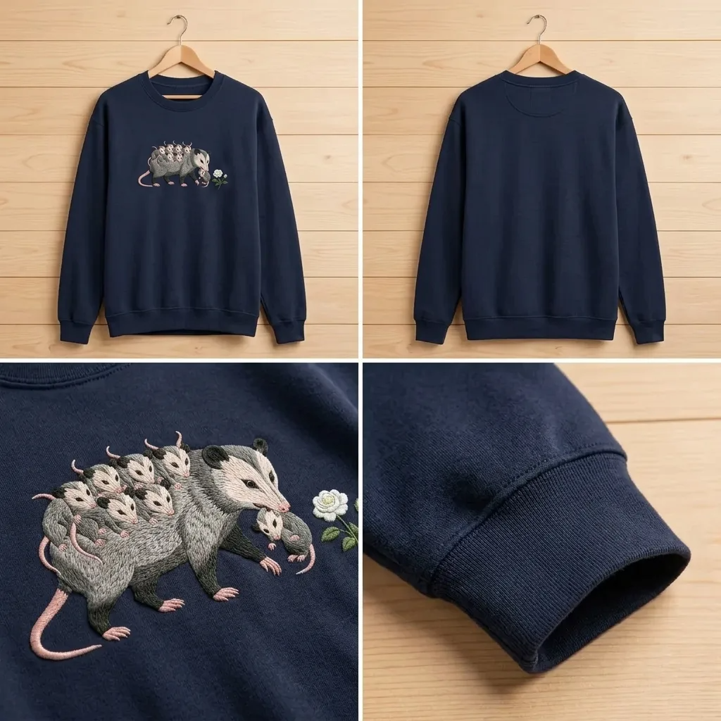 Embroidered Opossum Family Sweatshirt, Vintage Boho Cottagecore Crew