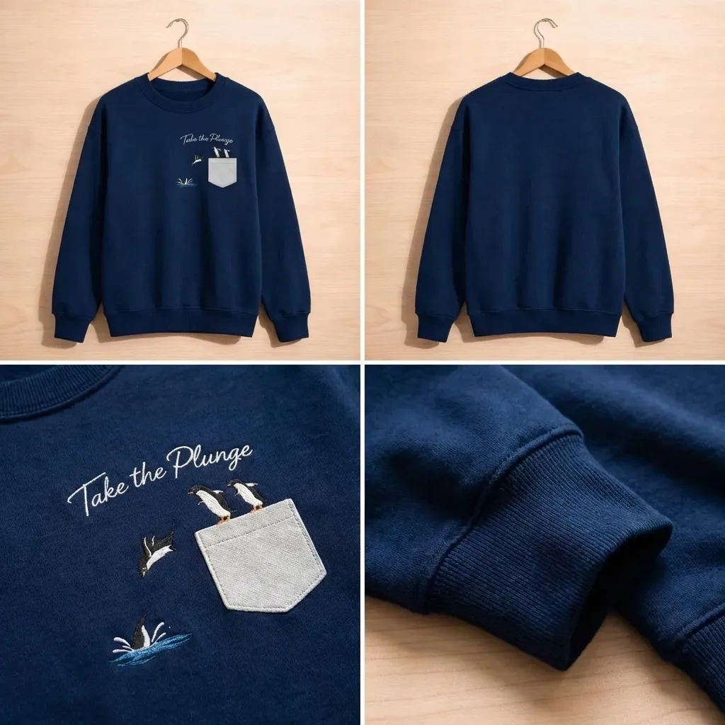 Embroidered Orca and Seal Sweatshirt, Funny Faux-Pocket Crewneck
