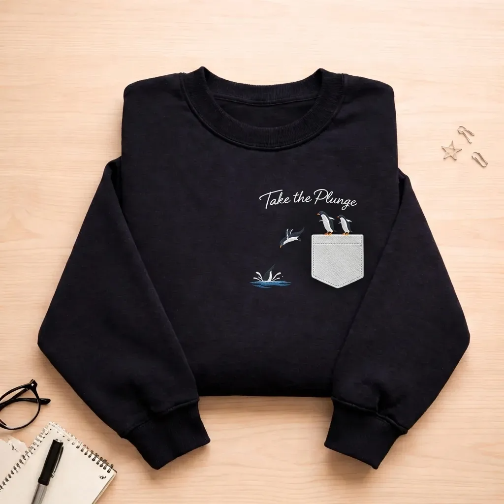 Embroidered Orca and Seal Sweatshirt, Funny Faux-Pocket Crewneck