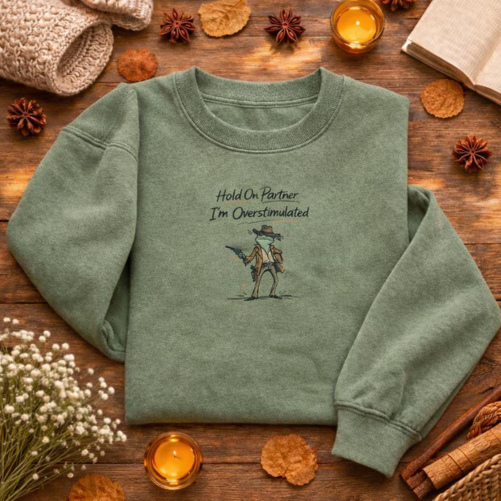 Embroidered Overstimulated Frog Sweatshirt, Western Funny Crewneck