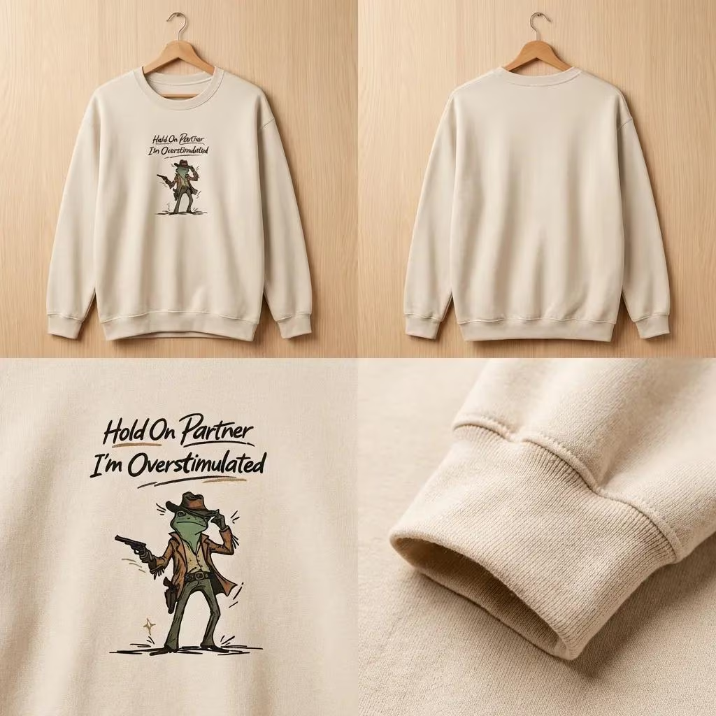 Embroidered Overstimulated Frog Sweatshirt, Western Funny Crewneck