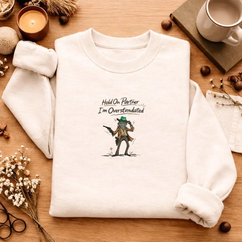 Embroidered Overstimulated Frog Sweatshirt, Western Funny Crewneck