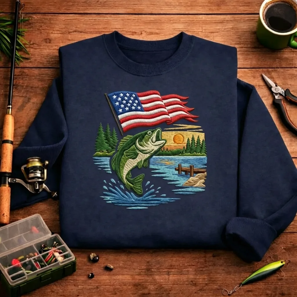 Embroidered Patriotic Bass Fishing Sweatshirt, American Flag Crewneck