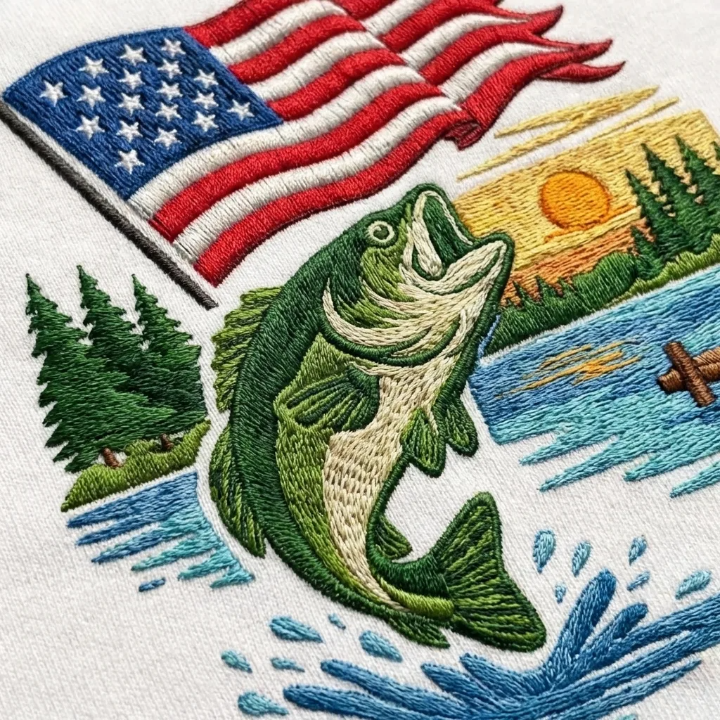 Embroidered Patriotic Bass Fishing Sweatshirt, American Flag Crewneck