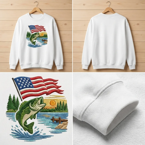 Embroidered Patriotic Bass Fishing Sweatshirt, American Flag Crewneck