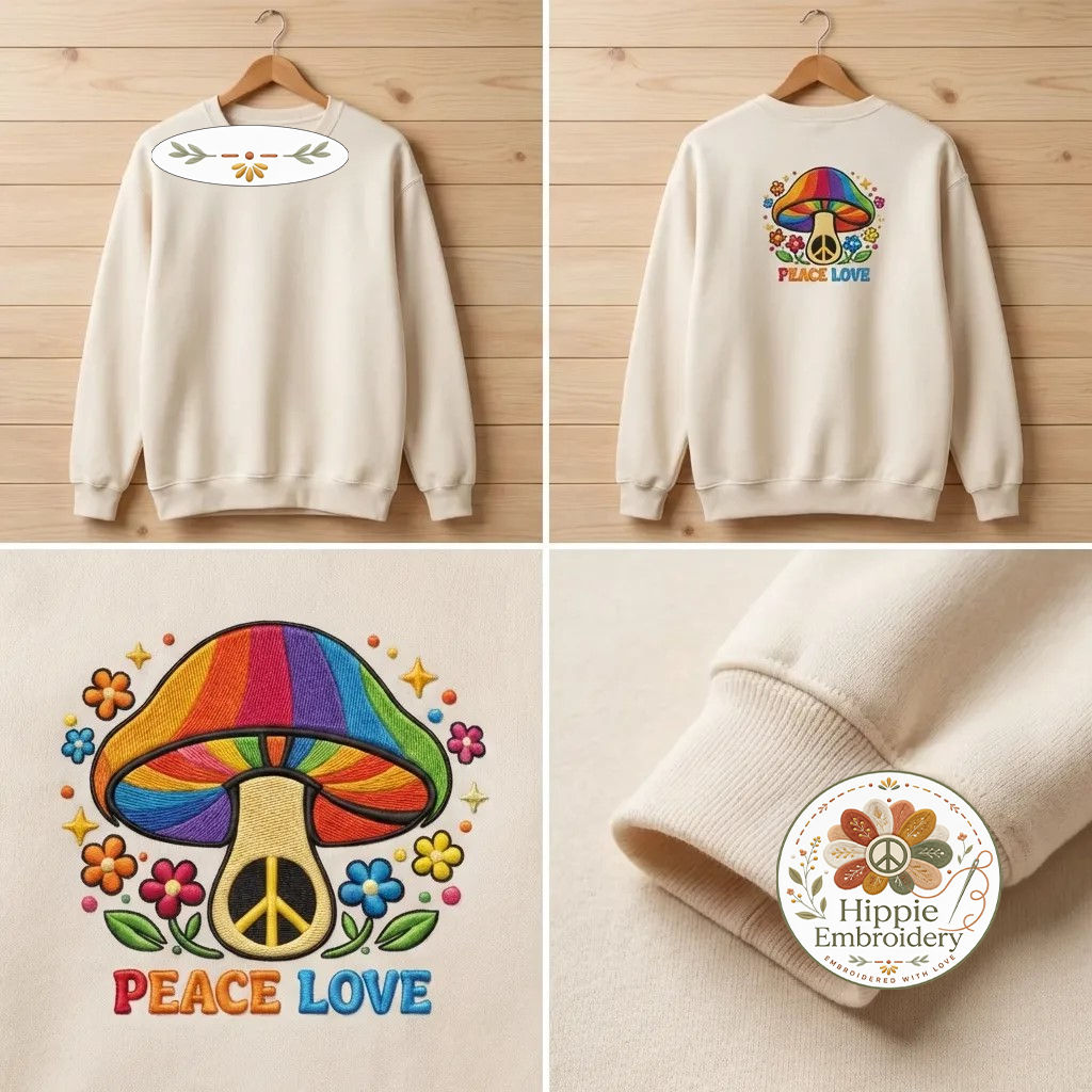 Embroidered Peace Love Mushroom Sweatshirt, 70s Retro Boho Top