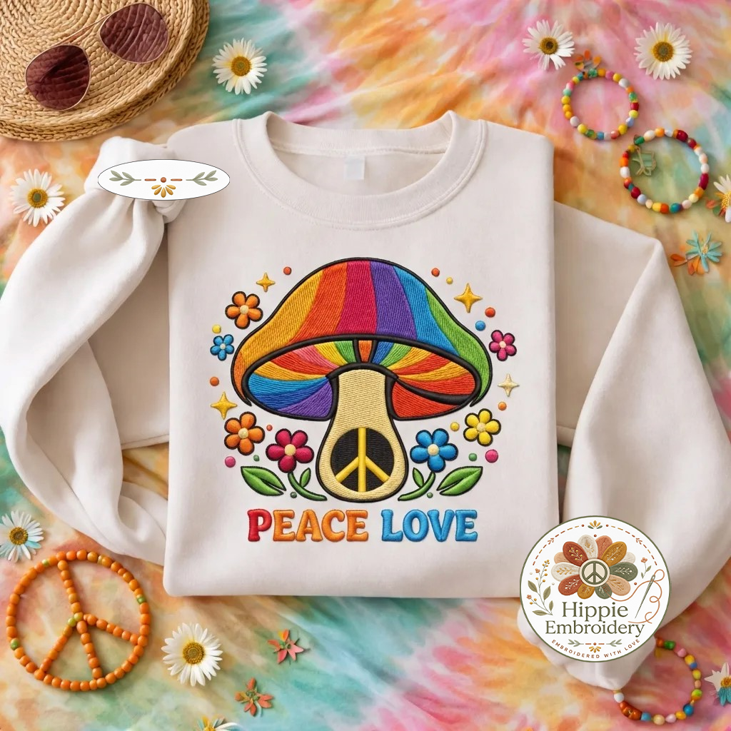 Embroidered Peace Love Mushroom Sweatshirt, 70s Retro Boho Top