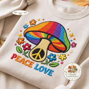 Embroidered Peace Love Mushroom Sweatshirt, 70s Retro Boho Top
