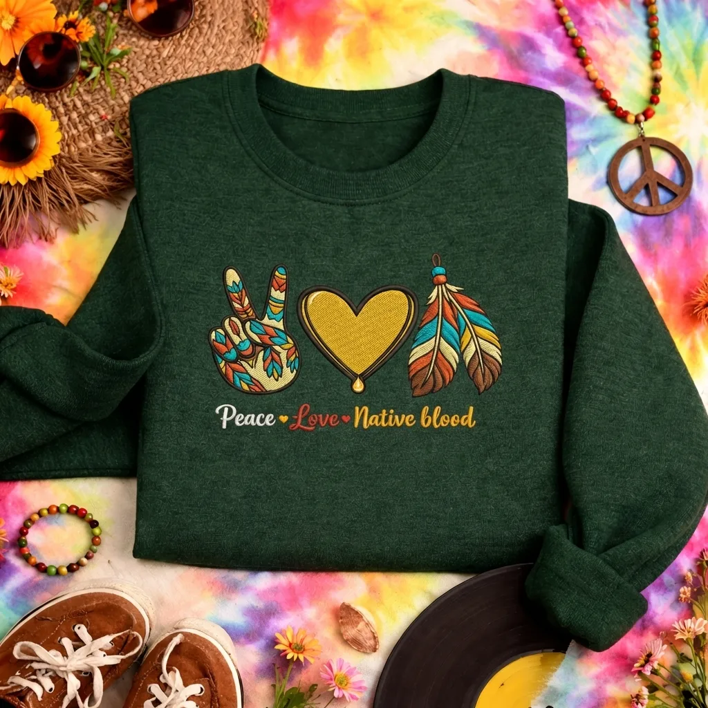 Embroidered Peace Love Native Blood Sweatshirt, Indigenous Top