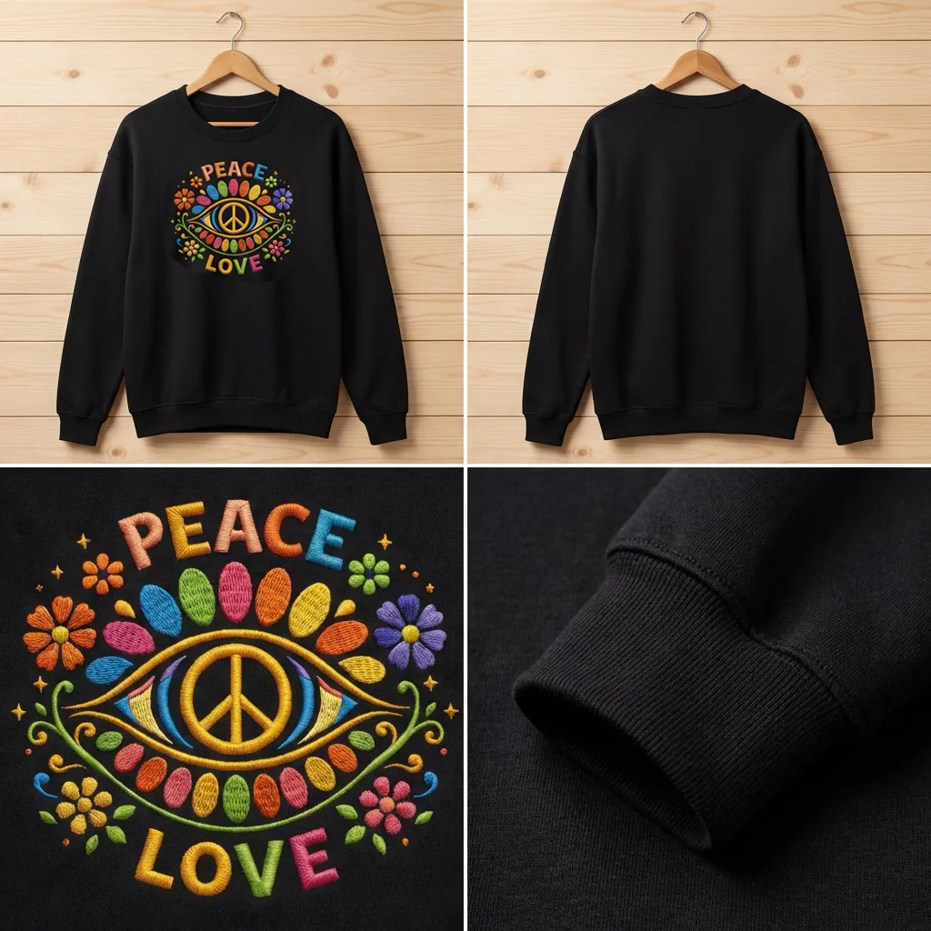 Embroidered Peace Love Sweatshirt, 70s Boho Flower Power Top
