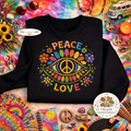 Embroidered Peace Love Sweatshirt, 70s Boho Flower Power Top