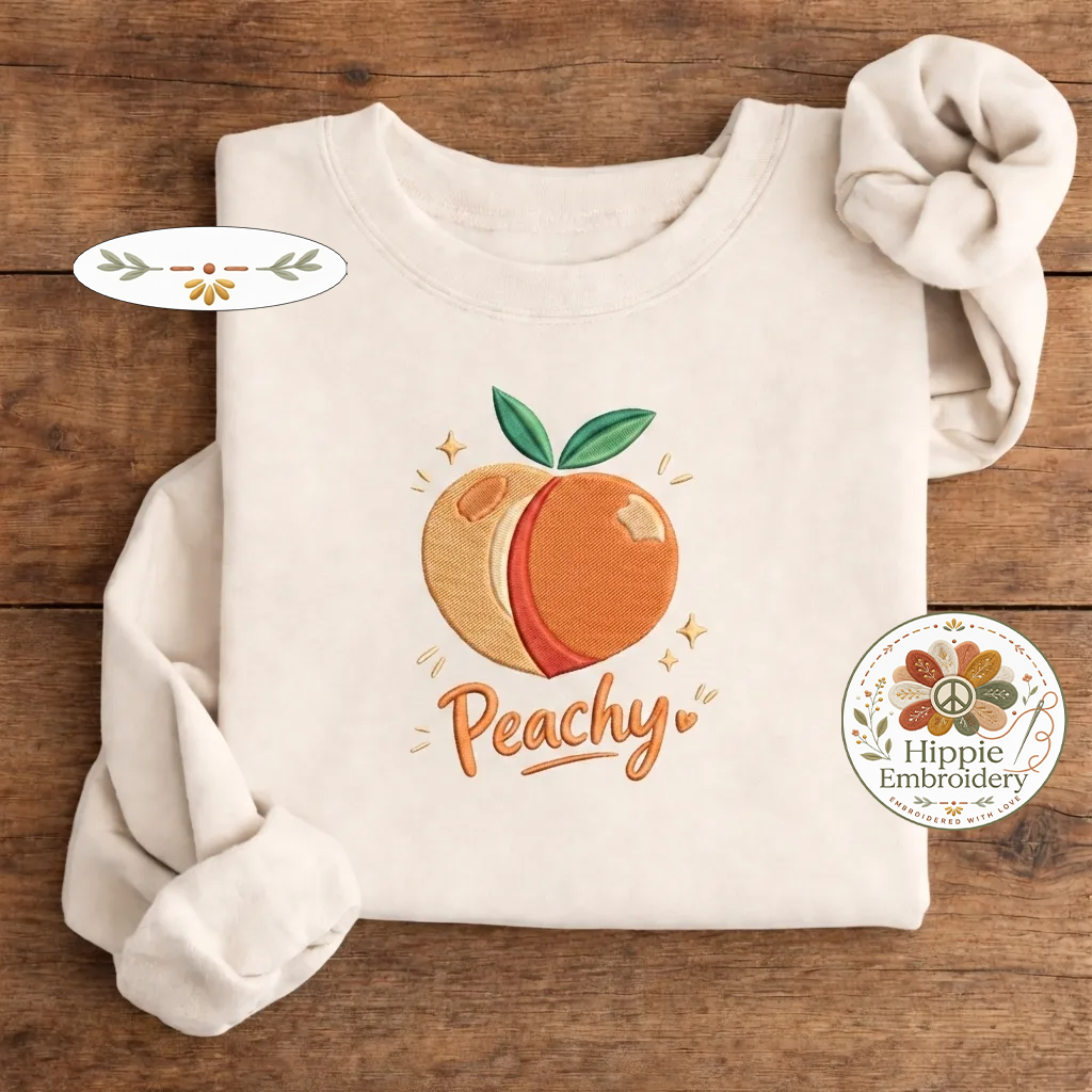 Embroidered Peachy Shirt, Minimalist Summer Peach Fruit Crew