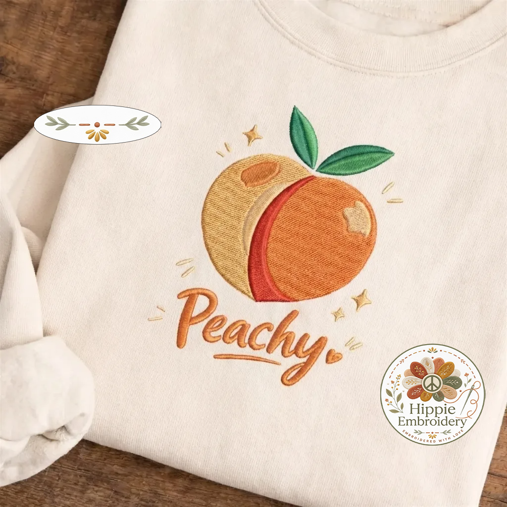 Embroidered Peachy Shirt, Minimalist Summer Peach Fruit Crew