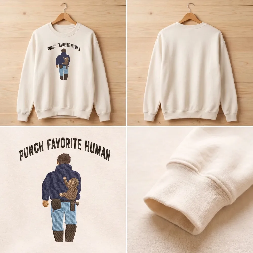 Embroidered Punch Favorite Human Sweatshirt, Viral Monkey Top