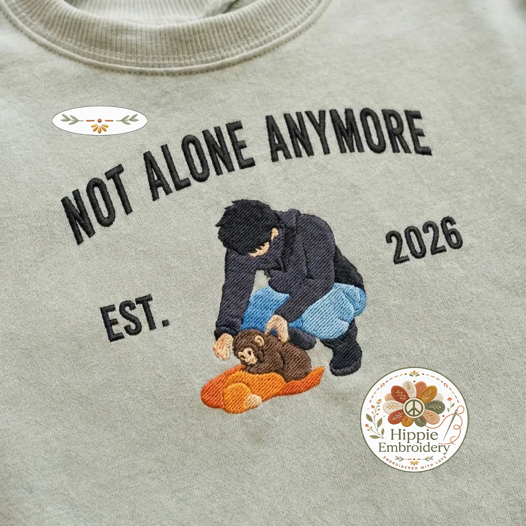 Embroidered Punch Is Not Alone Shirt, Viral Baby Monkey with Favorite Human Crewneck, Monkey Plush Toy Sweatshirt, Emotional Rescue Hoodie - 1097