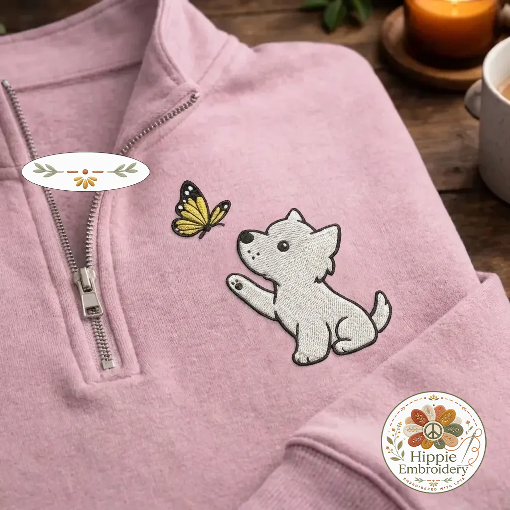 Embroidered Puppy Butterfly Quarter Zip, Cute Westie Sweatshirt