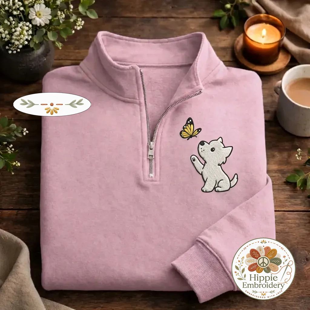 Embroidered Puppy Butterfly Quarter Zip, Cute Westie Sweatshirt