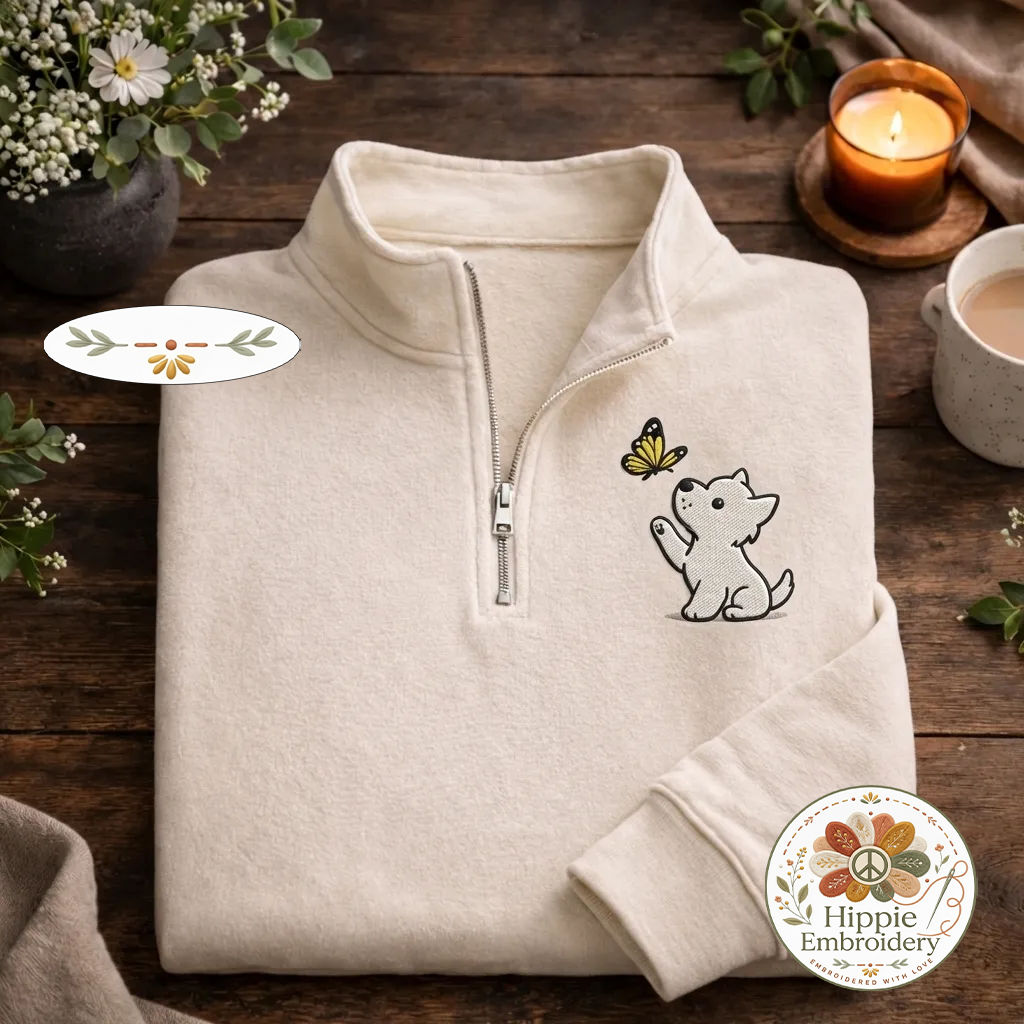 Embroidered Puppy Butterfly Quarter Zip, Cute Westie Sweatshirt