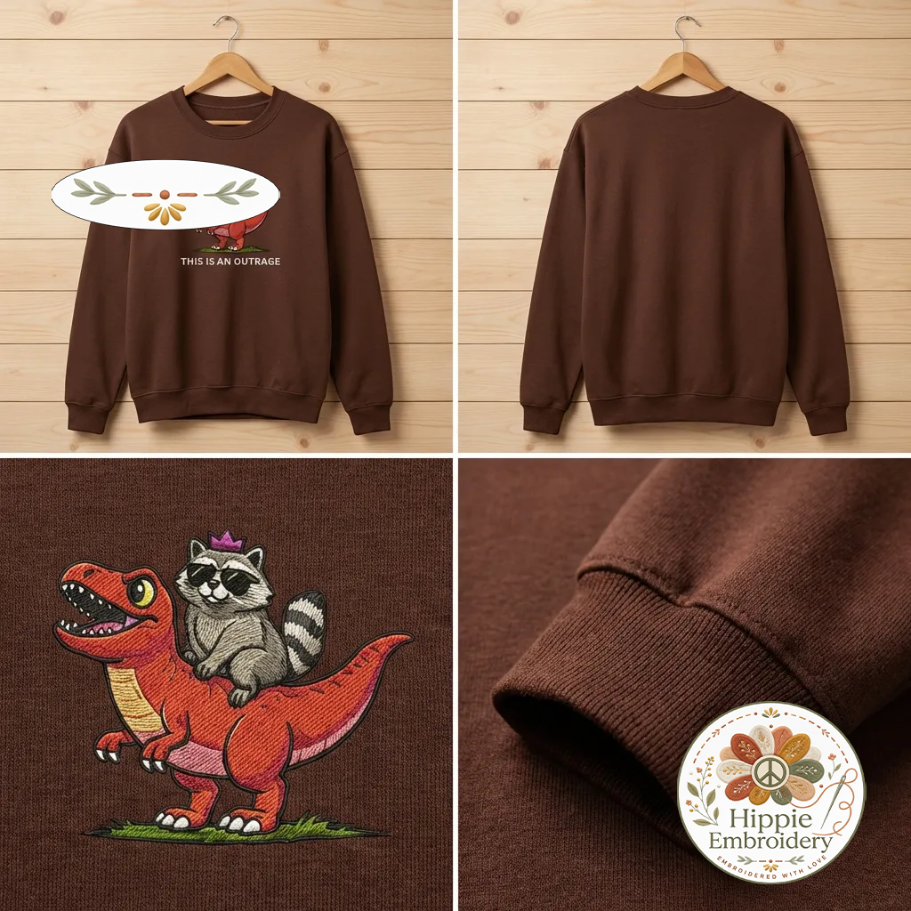 Embroidered Raccoon Dinosaur Sweatshirt, Funny Outrage Top