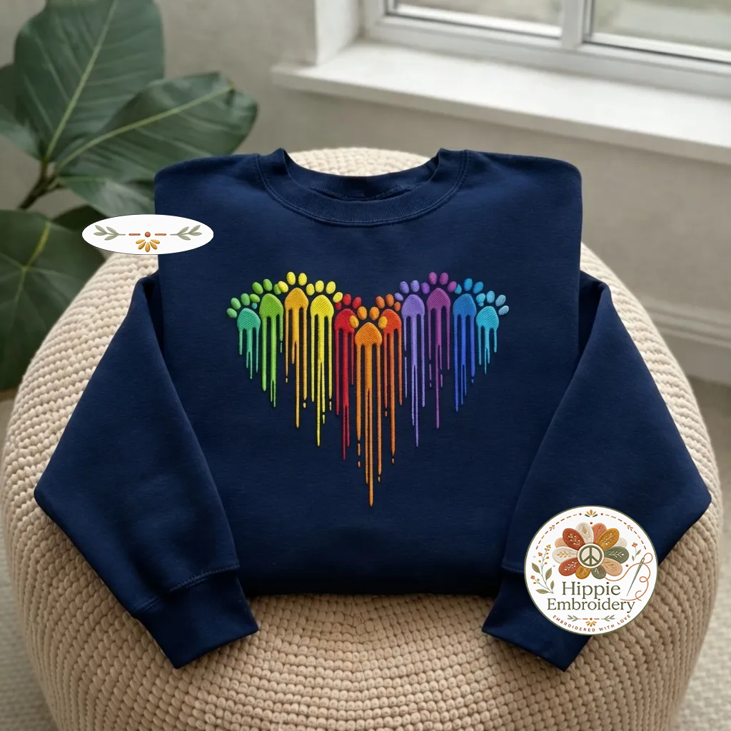 Embroidered Rainbow Dog Paw Heart Sweatshirt, Colorful Paw Shirt