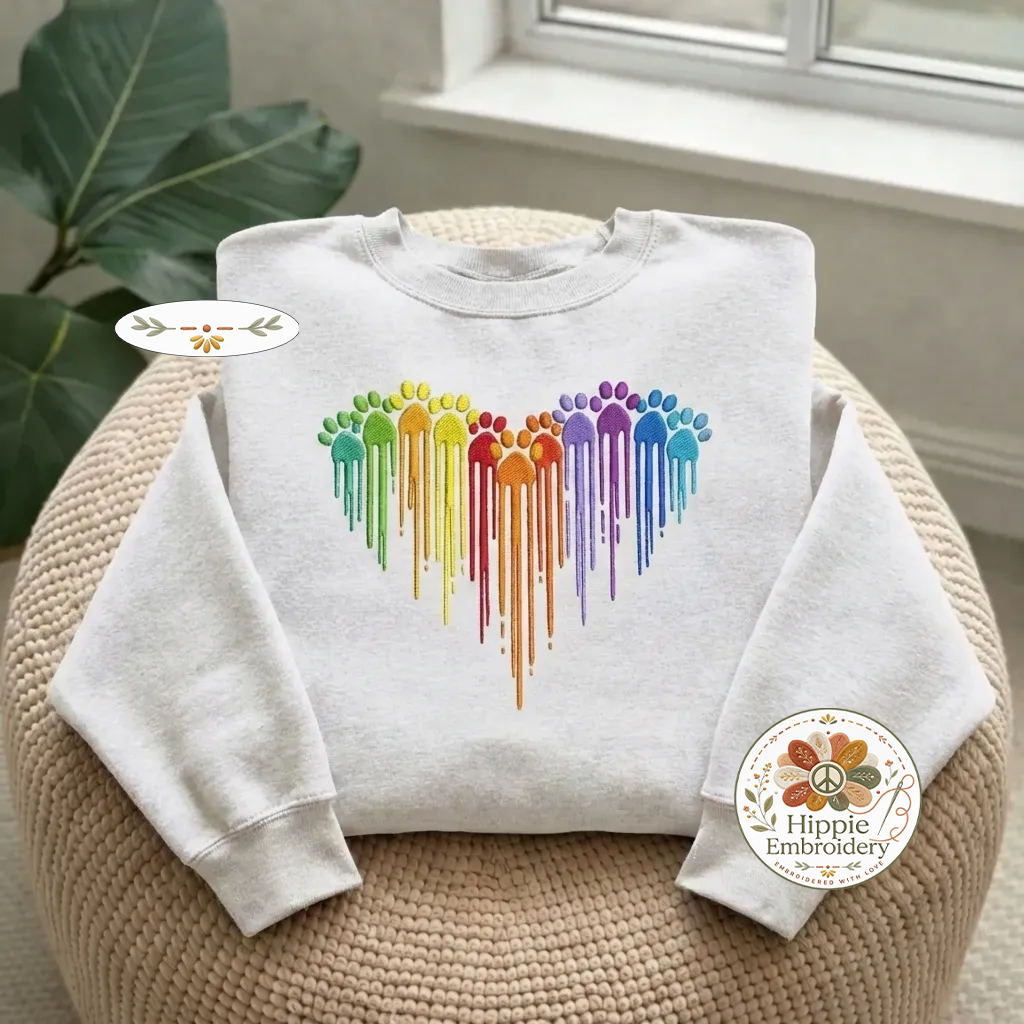 Embroidered Rainbow Dog Paw Heart Sweatshirt, Colorful Paw Shirt