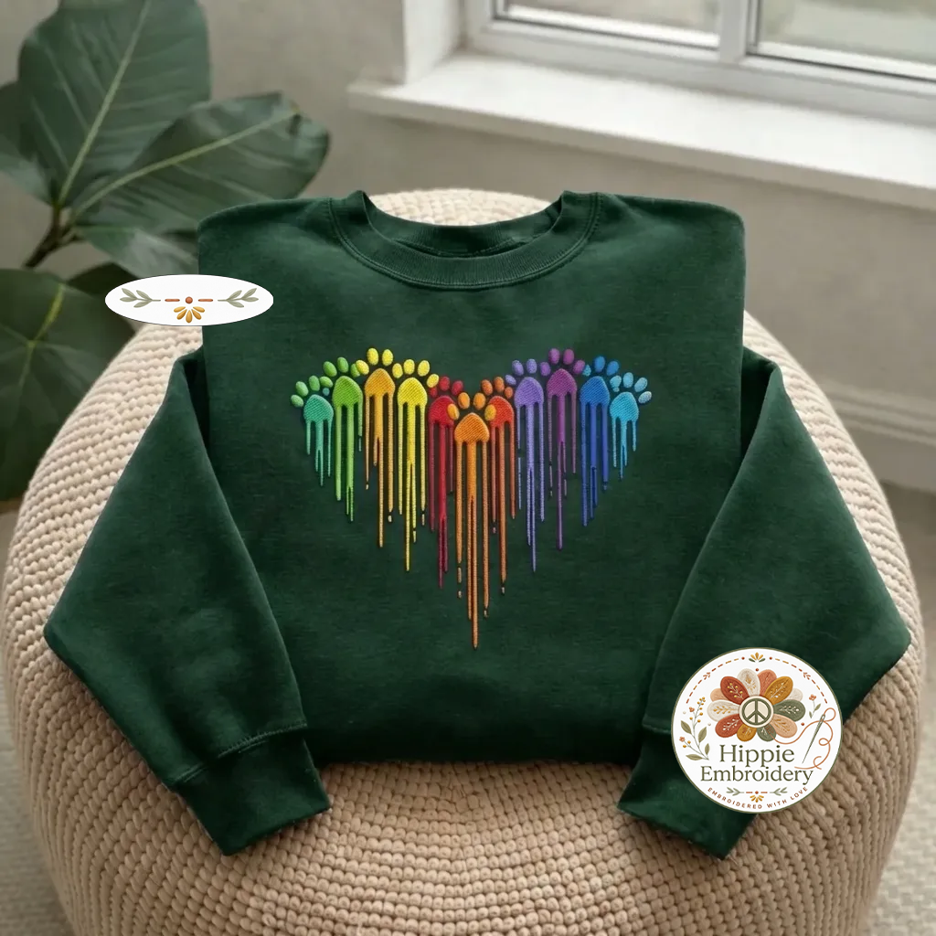 Embroidered Rainbow Dog Paw Heart Sweatshirt, Colorful Paw Shirt