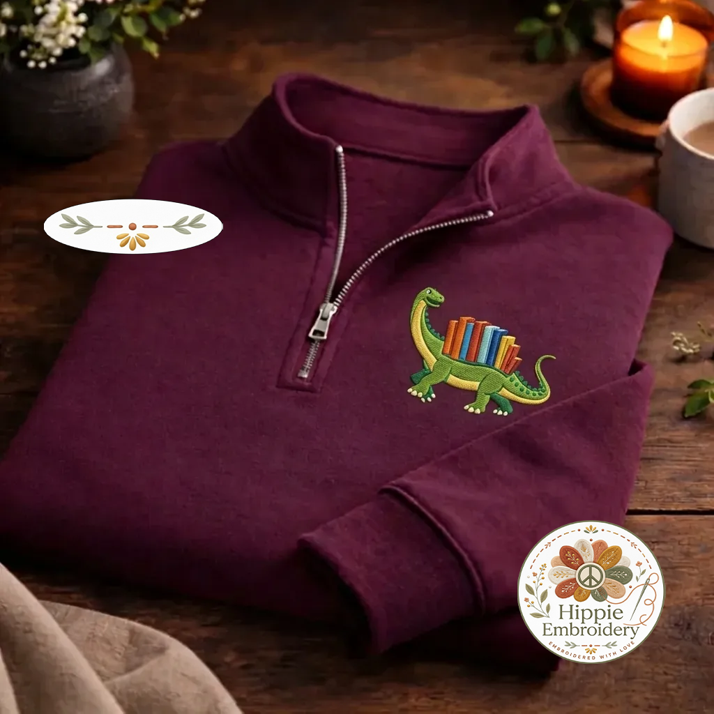 Embroidered Read-asaurus Dinosaur Quarter Zip, Bookworm Shirt