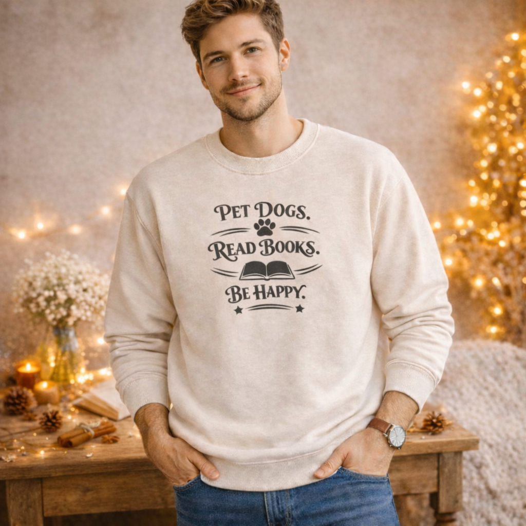 Embroidered Read Books Be Happy Dog Sweatshirt, Book Lover Shirt