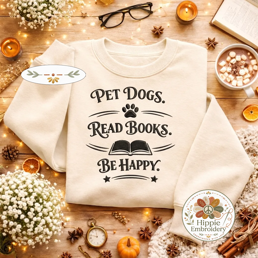 Embroidered Read Books Be Happy Dog Sweatshirt, Book Lover Shirt