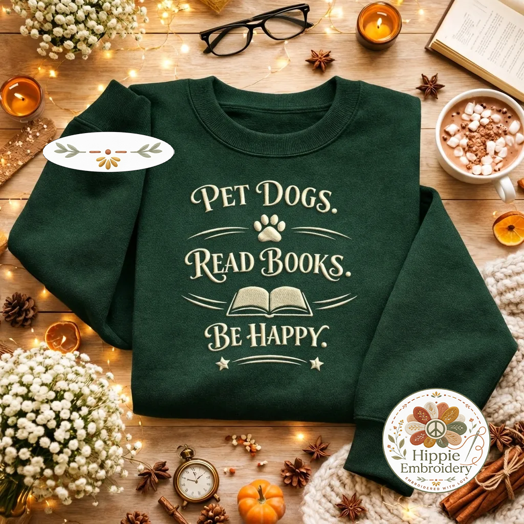 Embroidered Read Books Be Happy Dog Sweatshirt, Book Lover Shirt