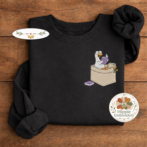 Embroidered Reading Goose Sweatshirt, Silly Goose Faux Pocket Crewneck