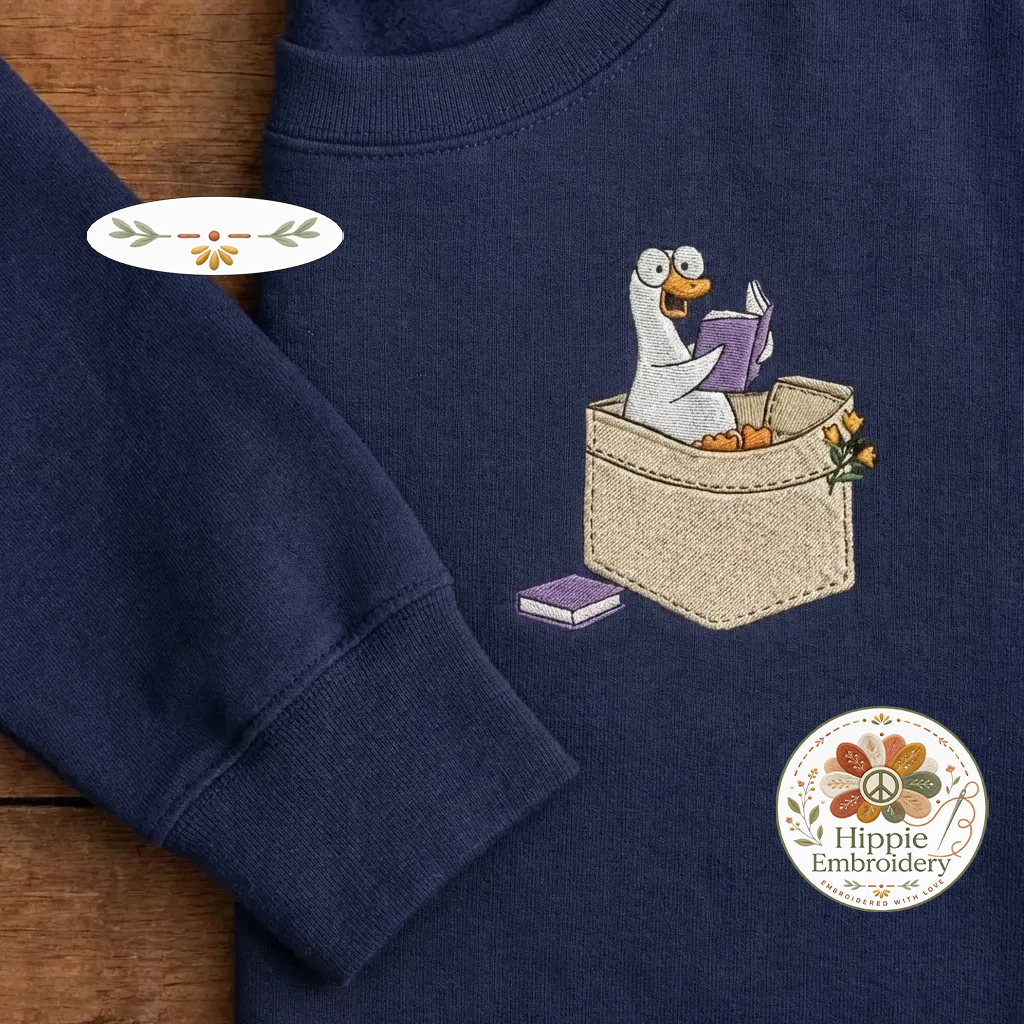 Embroidered Reading Goose Sweatshirt, Silly Goose Faux Pocket Crewneck