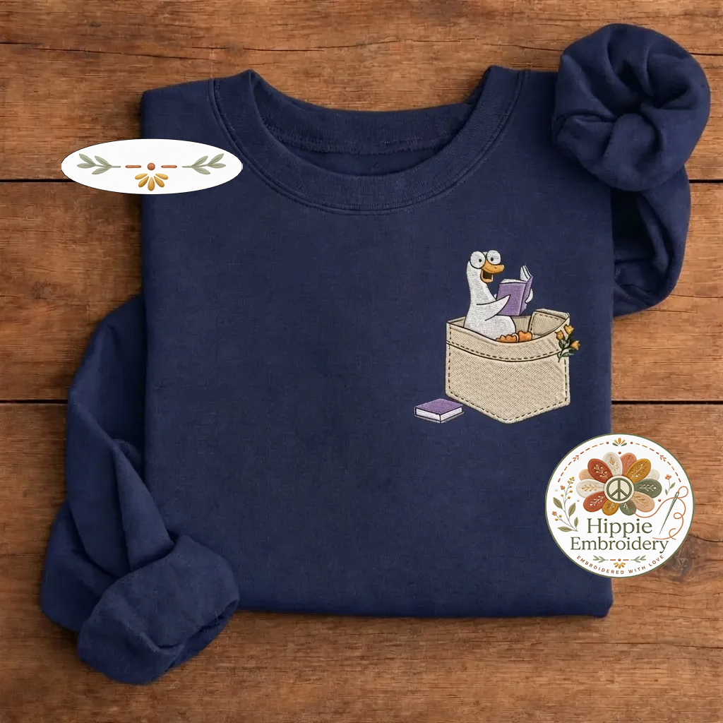 Embroidered Reading Goose Sweatshirt, Silly Goose Faux Pocket Crewneck