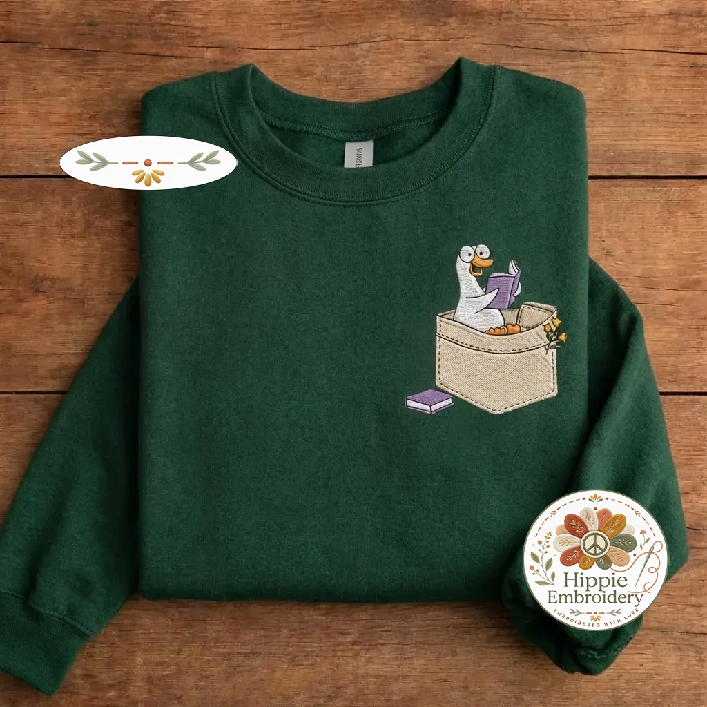Embroidered Reading Goose Sweatshirt, Silly Goose Faux Pocket Crewneck