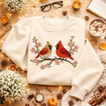 Embroidered Red Cardinal Bird Sweatshirt, Cherry Blossom Crewneck