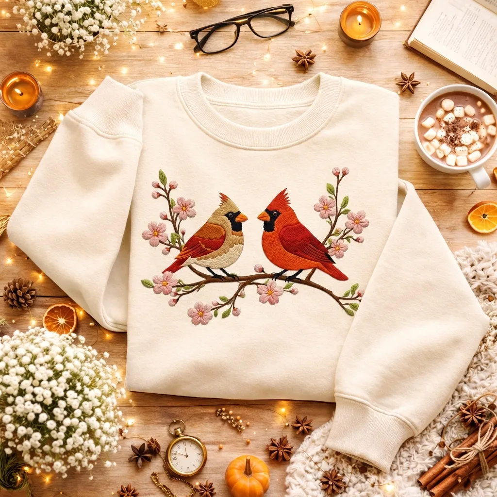 Embroidered Red Cardinal Bird Sweatshirt, Cherry Blossom Crewneck