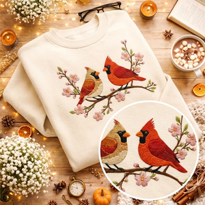 Embroidered Red Cardinal Bird Sweatshirt, Cherry Blossom Crewneck