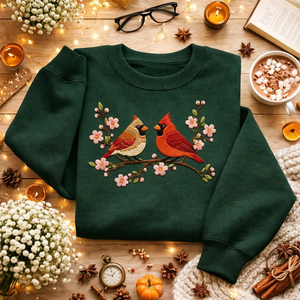 Embroidered Red Cardinal Bird Sweatshirt, Cherry Blossom Crewneck