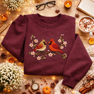 Embroidered Red Cardinal Bird Sweatshirt, Cherry Blossom Crewneck