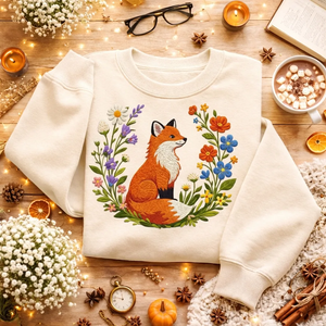 Embroidered Red Fox Flower Wreath Sweatshirt, Forest Nature Top